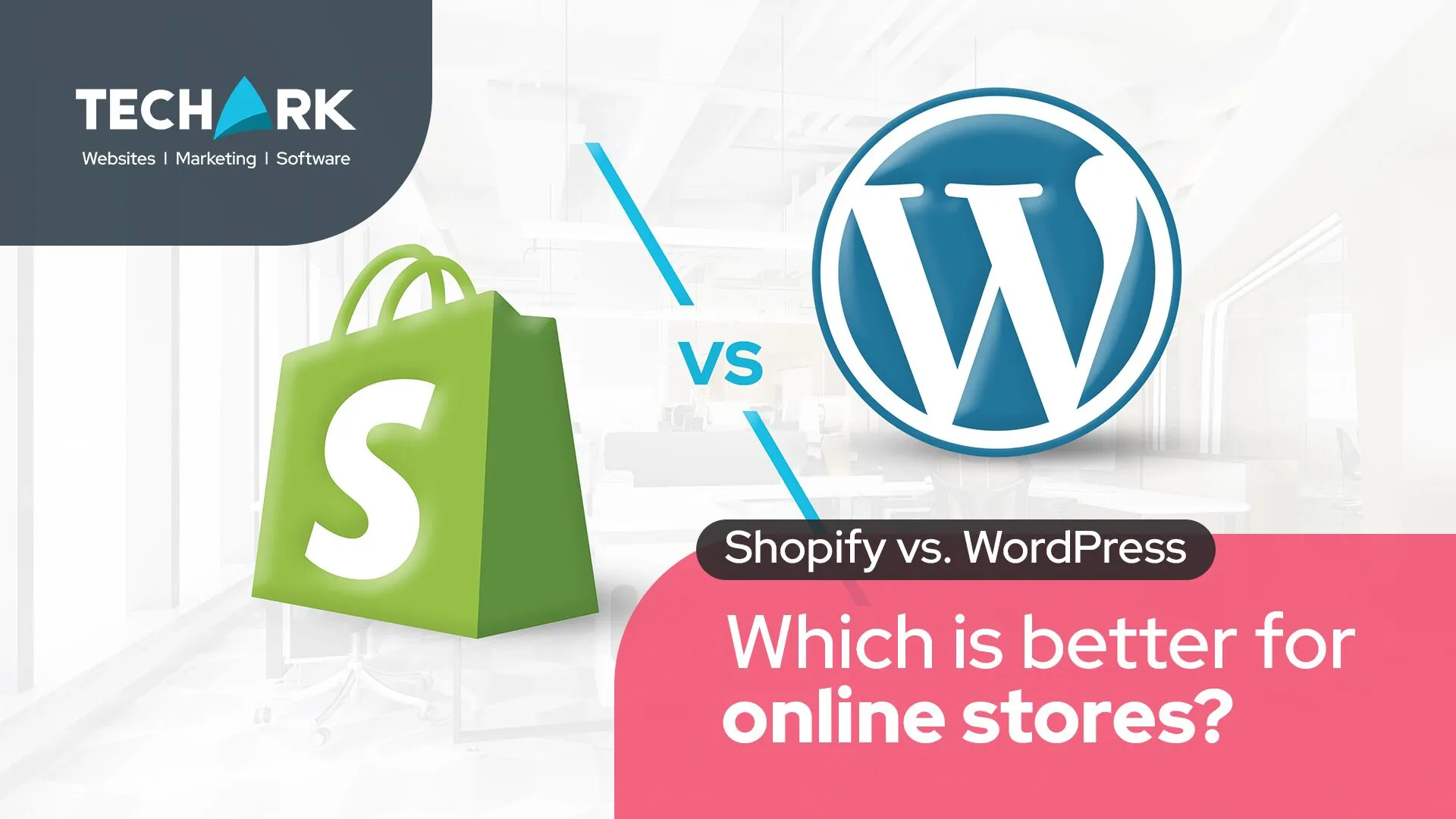 Image comparing Shopify and WordPress website platforms, with Shopify on the left side and WordPress on the right side.