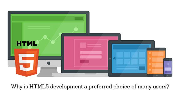 HTML5 logo with monitor, laptop, tablet, and cell phone