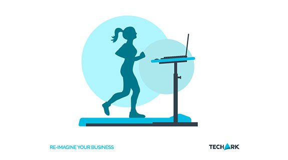 Graphic of woman running on treadmill while on laptop