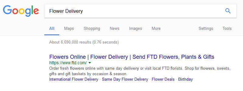 Flower delivery Google organic search result