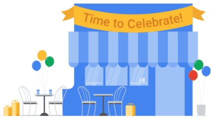 Storefront graphic with time to celebrate sign