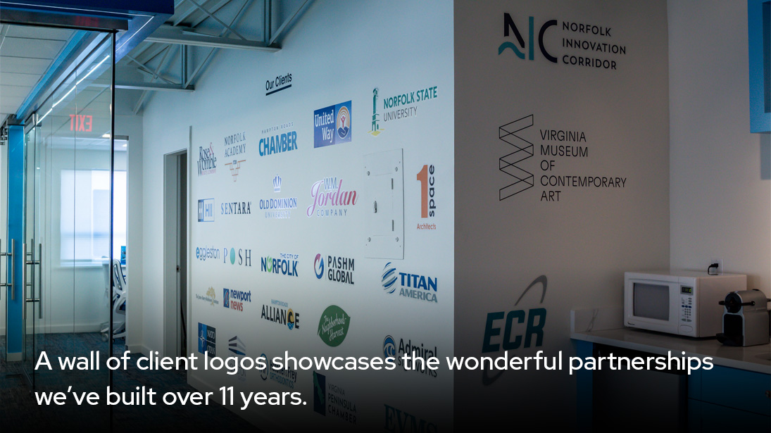 A wall of client logos showcases the wonderful partnerships we’ve built over 11 years.
