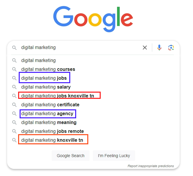 Google's home page with "digital marketing" entered into the search bar." Related terms appear below the search bar.
