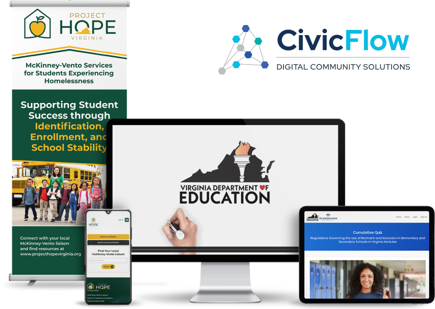 Promotional materials for Project HOPE Virginia and CivicFlow showcasing resources for students, with the Virginia Department of Education logo on various digital devices.