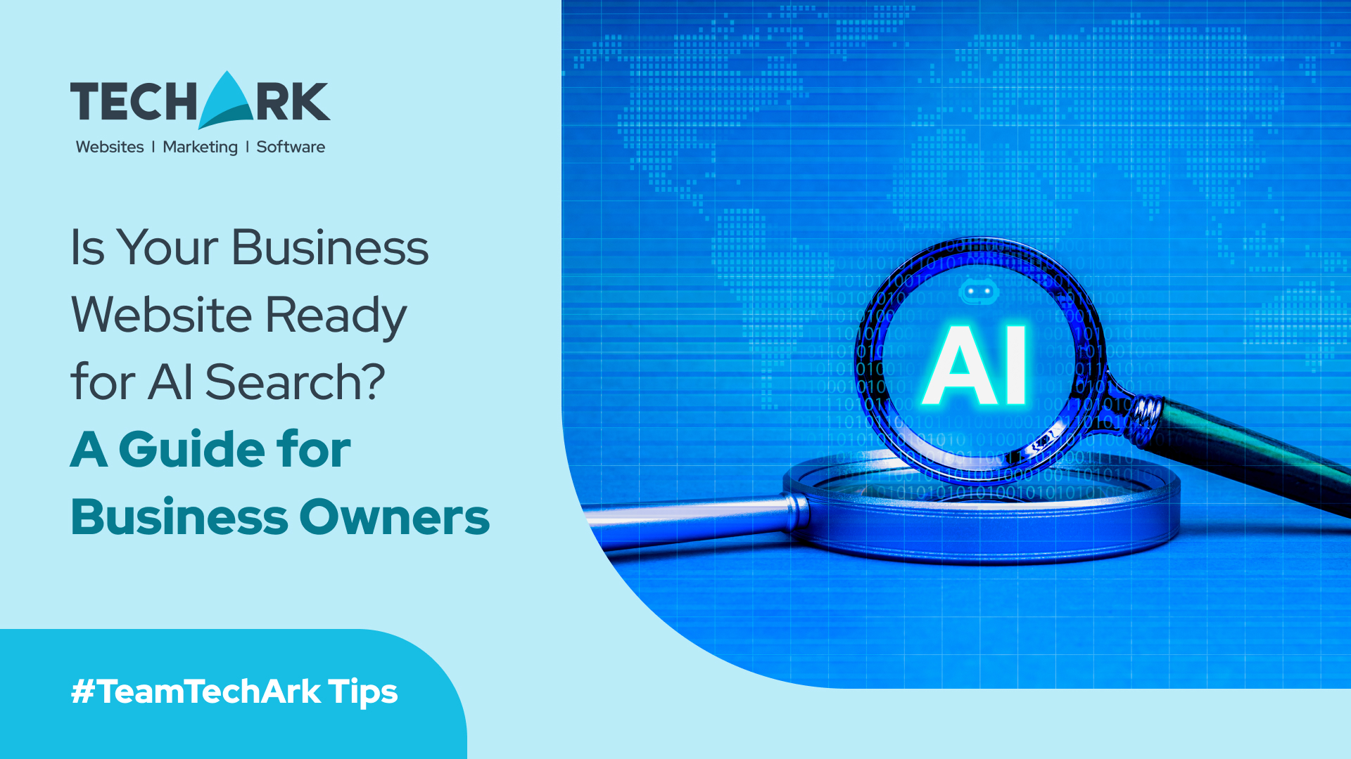 An image illustrating AI search readiness for business websites, featuring a magnifying glass over the 'AI' text with binary code and a world map background.