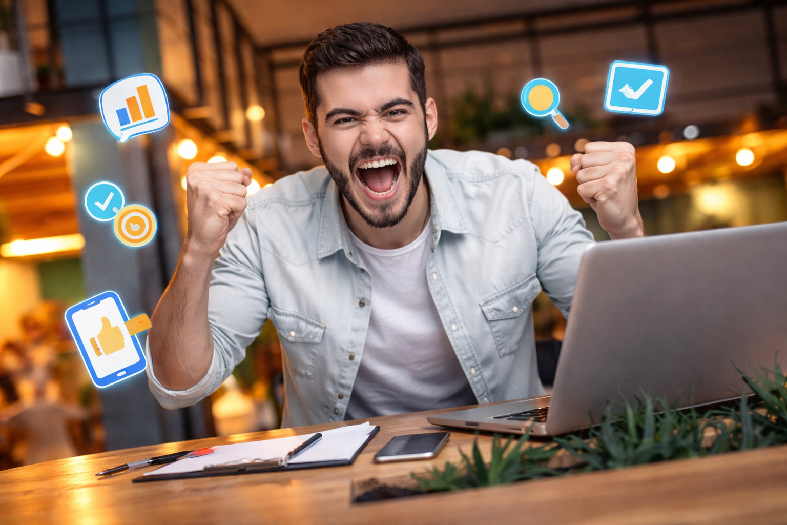 A man excitedly celebrating while sitting at a desk with a laptop, raising his fist in victory, surrounded by digital icons representing growth, social media, and search.