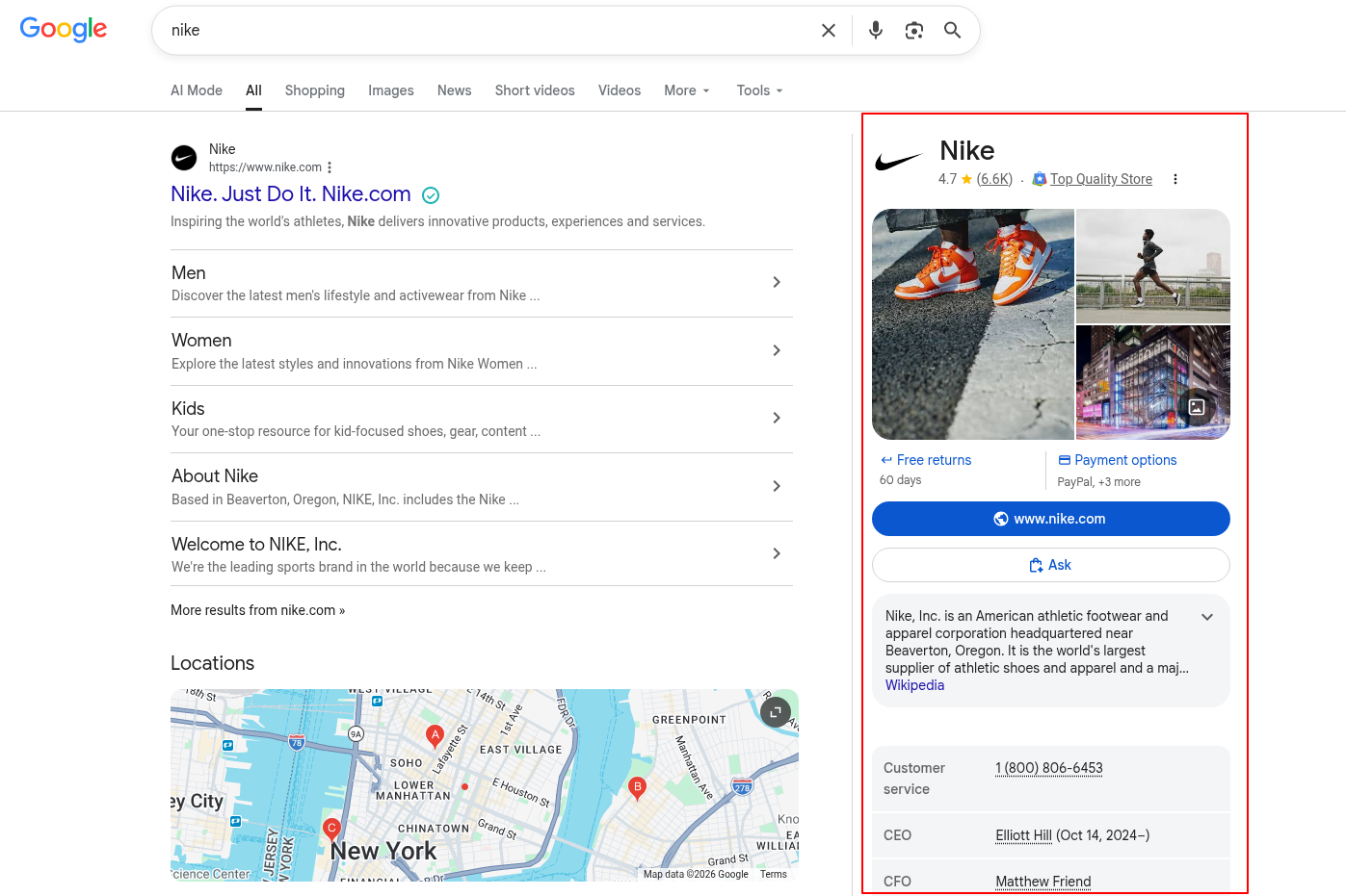Google Knowledge Panel for Nike shown in Google search results with brand details, images, website link, and company information.