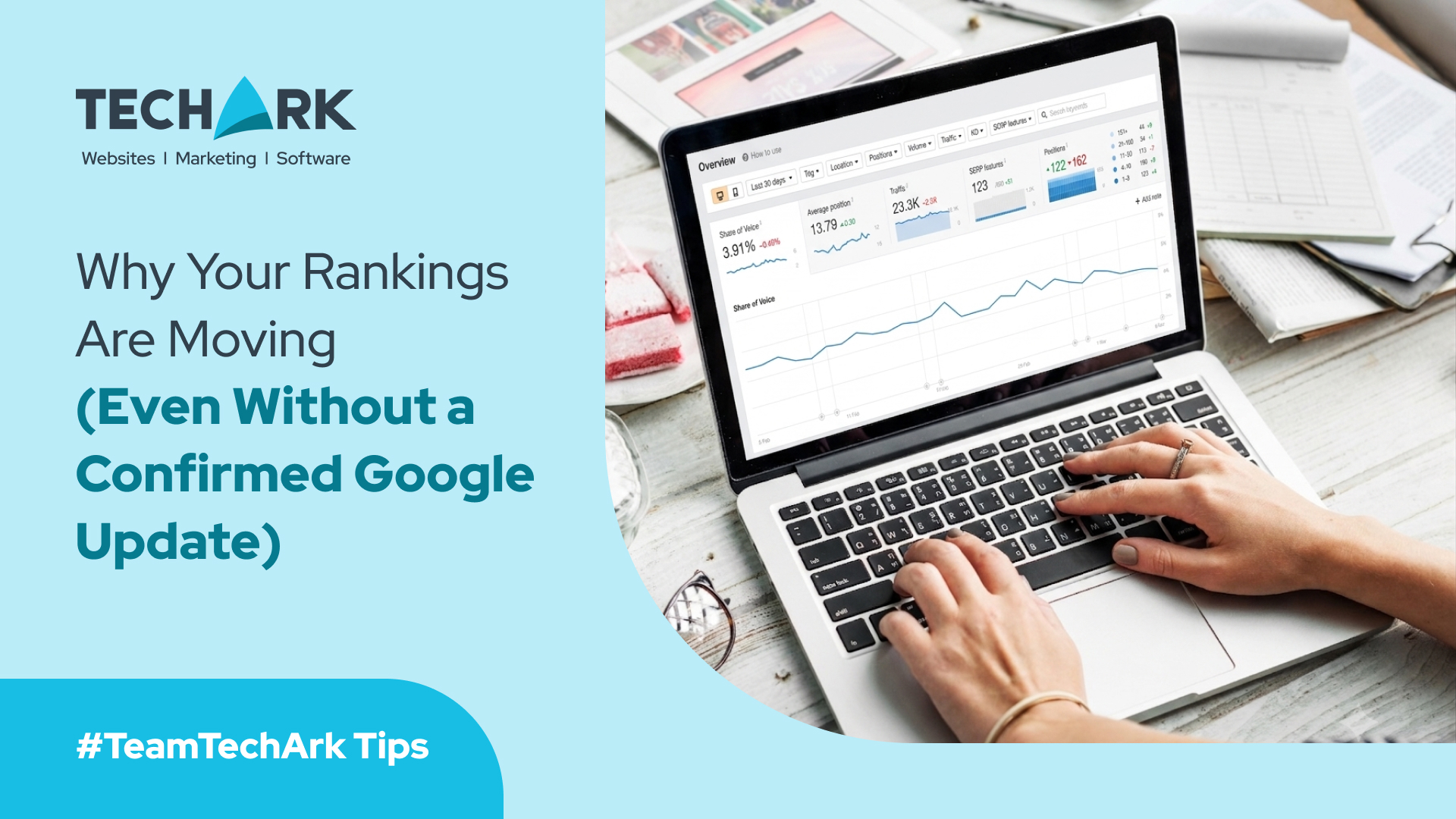 Person analyzing SEO ranking and traffic dashboard on laptop