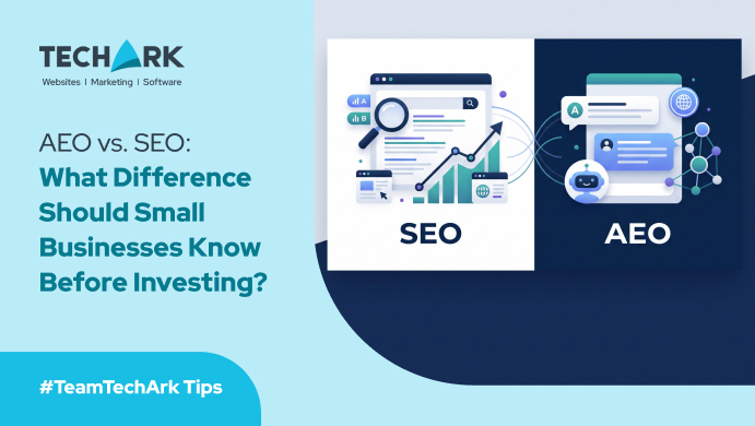 Image comparing SEO and AEO with icons representing search engines and AI chat interfaces for small businesses